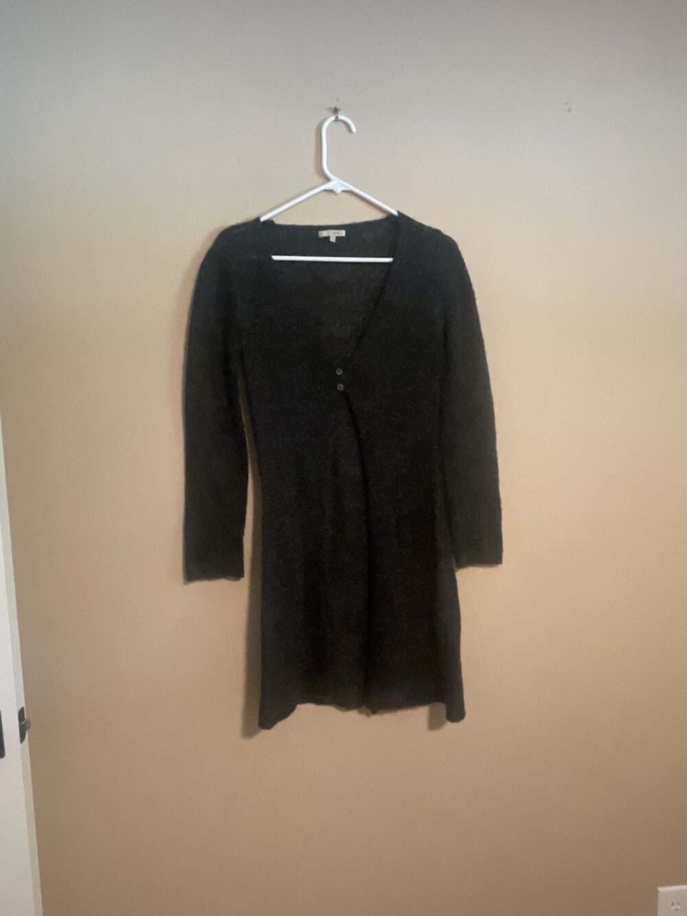Laurie B. Dark Gray Acrylic Mohair Blend Button-Front V-Neck Sweater Dress